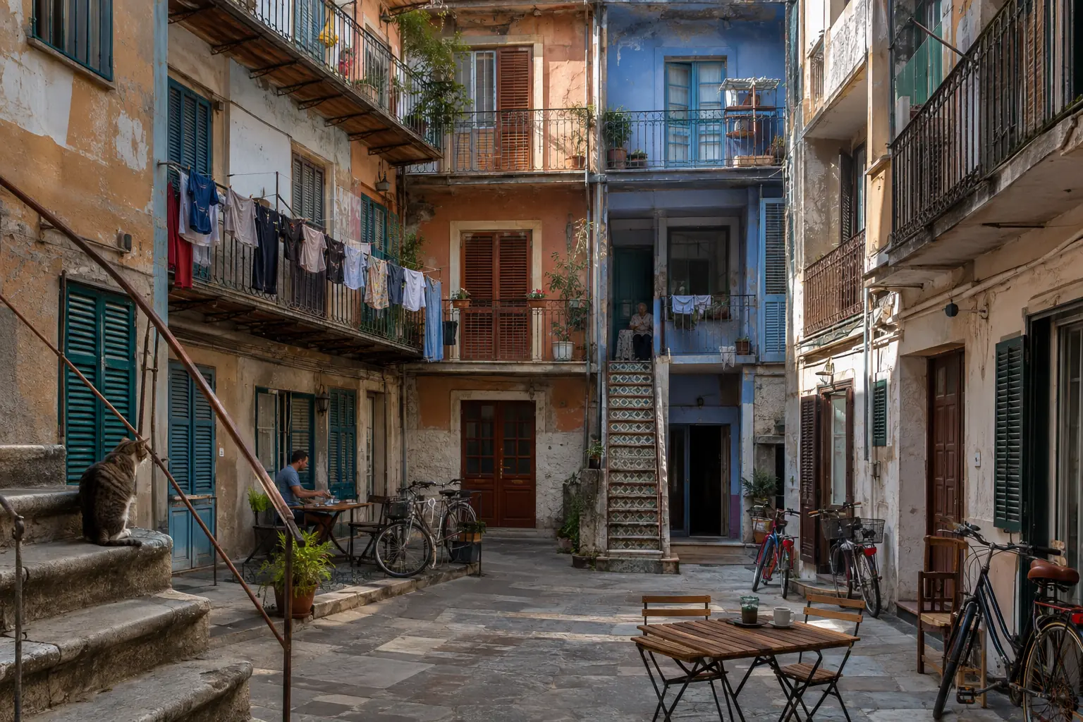Weathered city courtyard with colourful shutters, balconies, washing lines, tiled stairs, bicycles, café tables and a cat