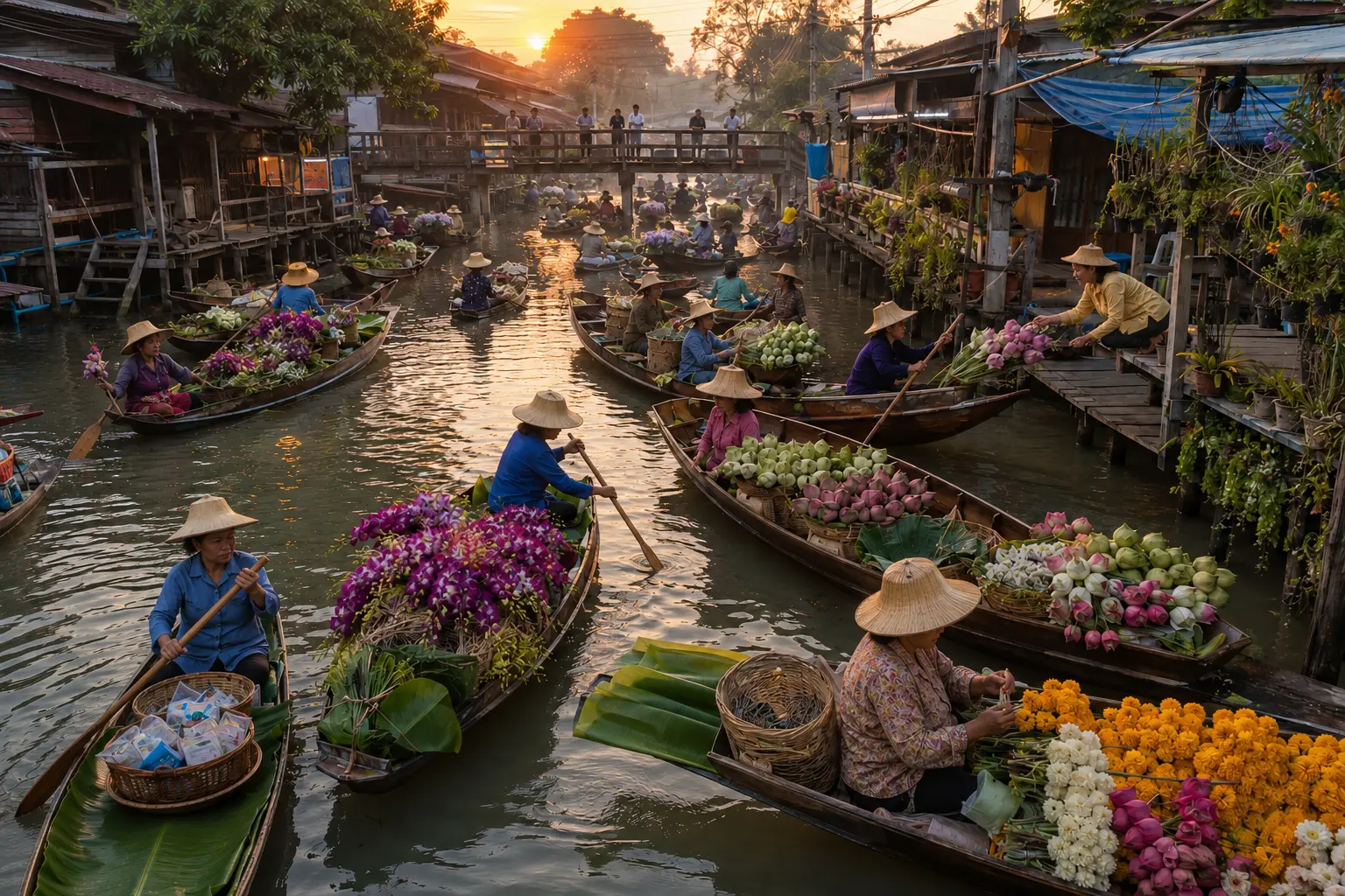 Floating flower market at sunrise with narrow boats full of orchids, lotus flowers and marigolds among wooden houses, jetties and a footbridge.