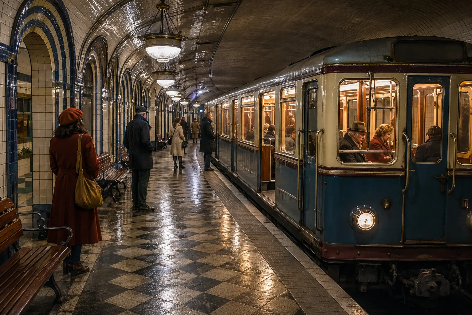 Old metro train arriving late at a curved tiled platform with arches, benches, passengers and reflections across the polished floor