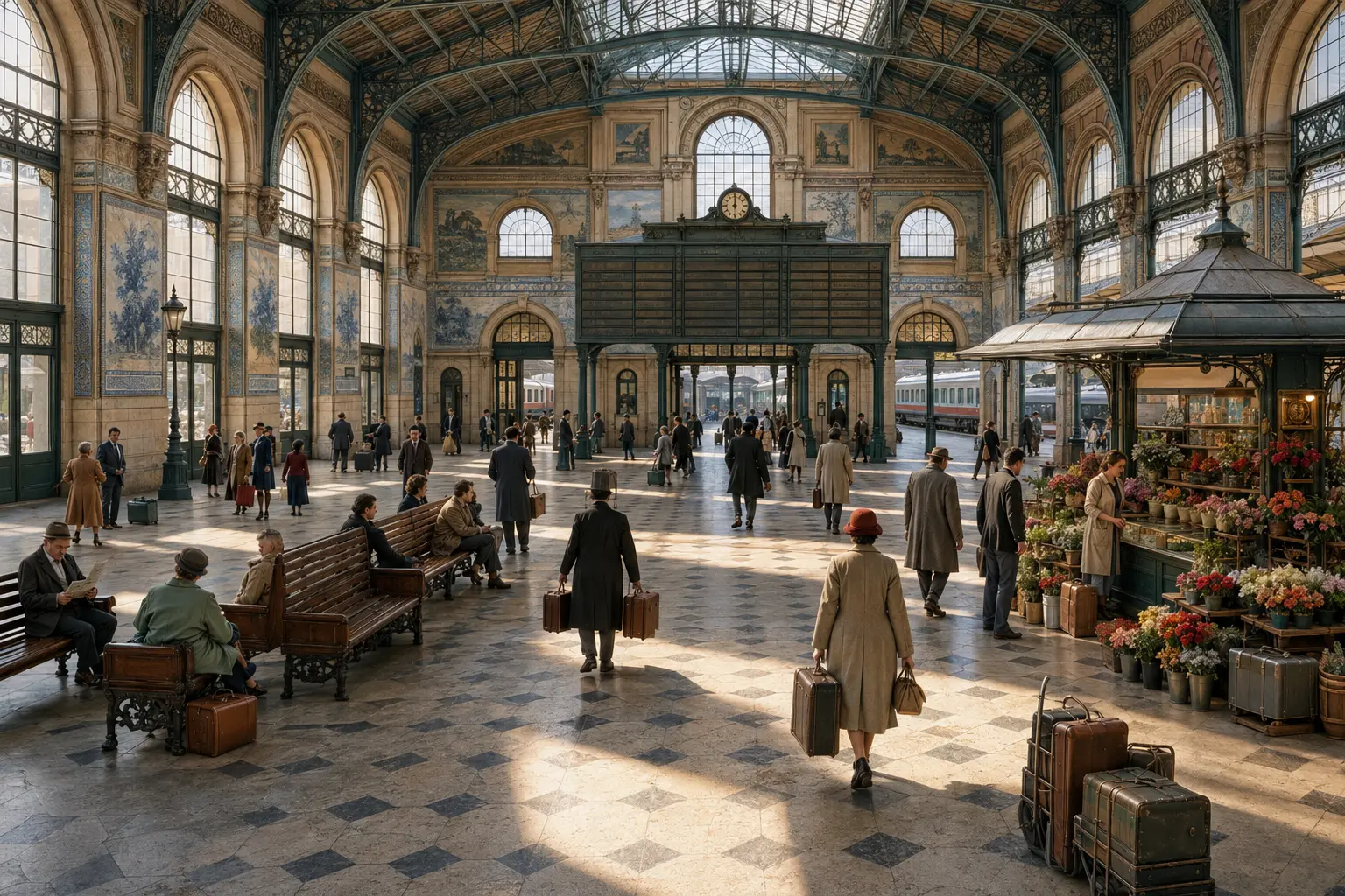 Monumental station hall with an iron roof, tiled walls, travellers, luggage, benches and a flower kiosk in morning light