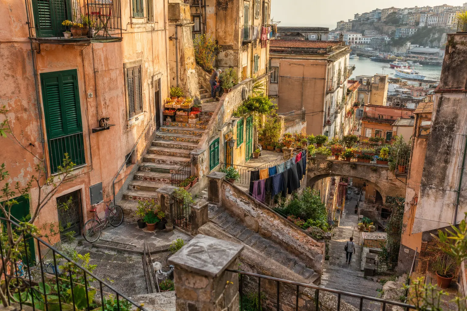 Tiered Mediterranean hillside neighbourhood with zigzagging stairs, weathered apricot-coloured facades, green shutters, laundry, plants, a bicycle, cats, and the harbour in the background.