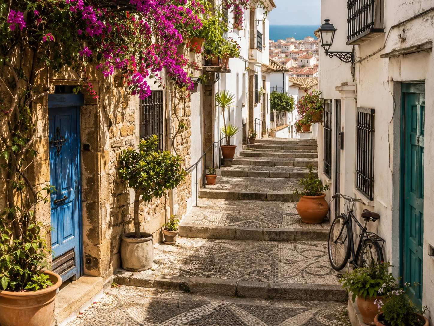 Sunlit Southern European stair street with blue doors, flowers, pots and a bicycle