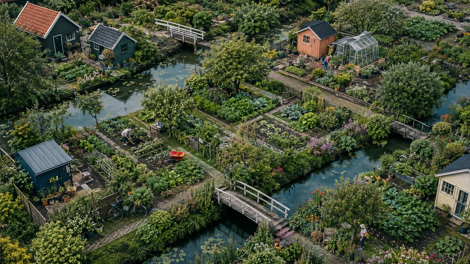 A bird's-eye view of green allotment gardens with small wooden bridges over ditches, colourful garden sheds, a glass greenhouse and well-tended vegetable beds.