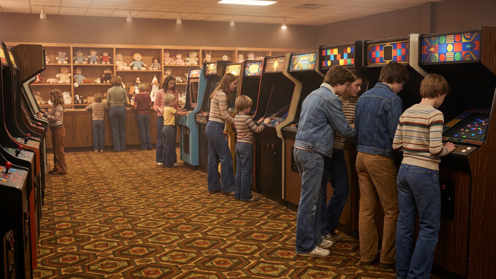 An arcade in 1982 featuring rows of wooden arcade cabinets with abstract imagery, young people in denim jackets and striped sweaters, a geometric carpet, and shelves full of plush prizes.