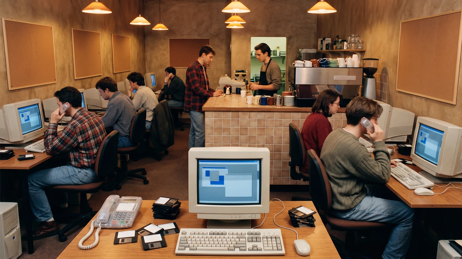 An atmospheric scene of a 1990s internet café filled with CRT monitors, floppy disks, retro phones, and a coffee bar in the background.