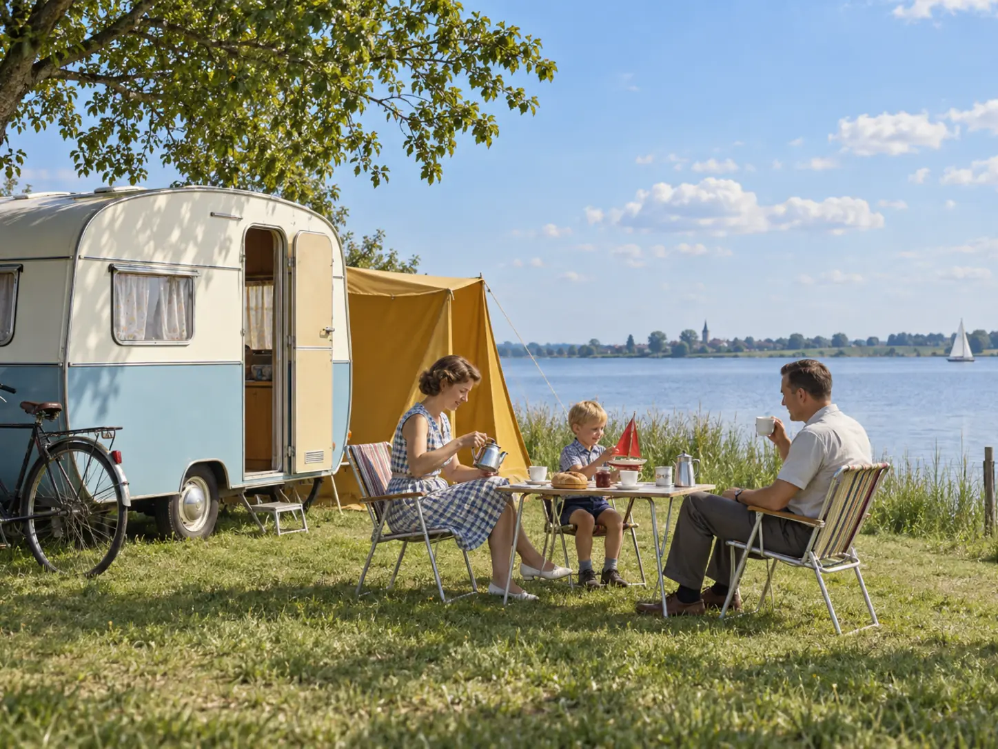 A family has breakfast in 1963 outside a blue-and-cream caravan beside a sunny lake, with camping chairs, a bicycle, an awning and a small model sailing boat on the table.