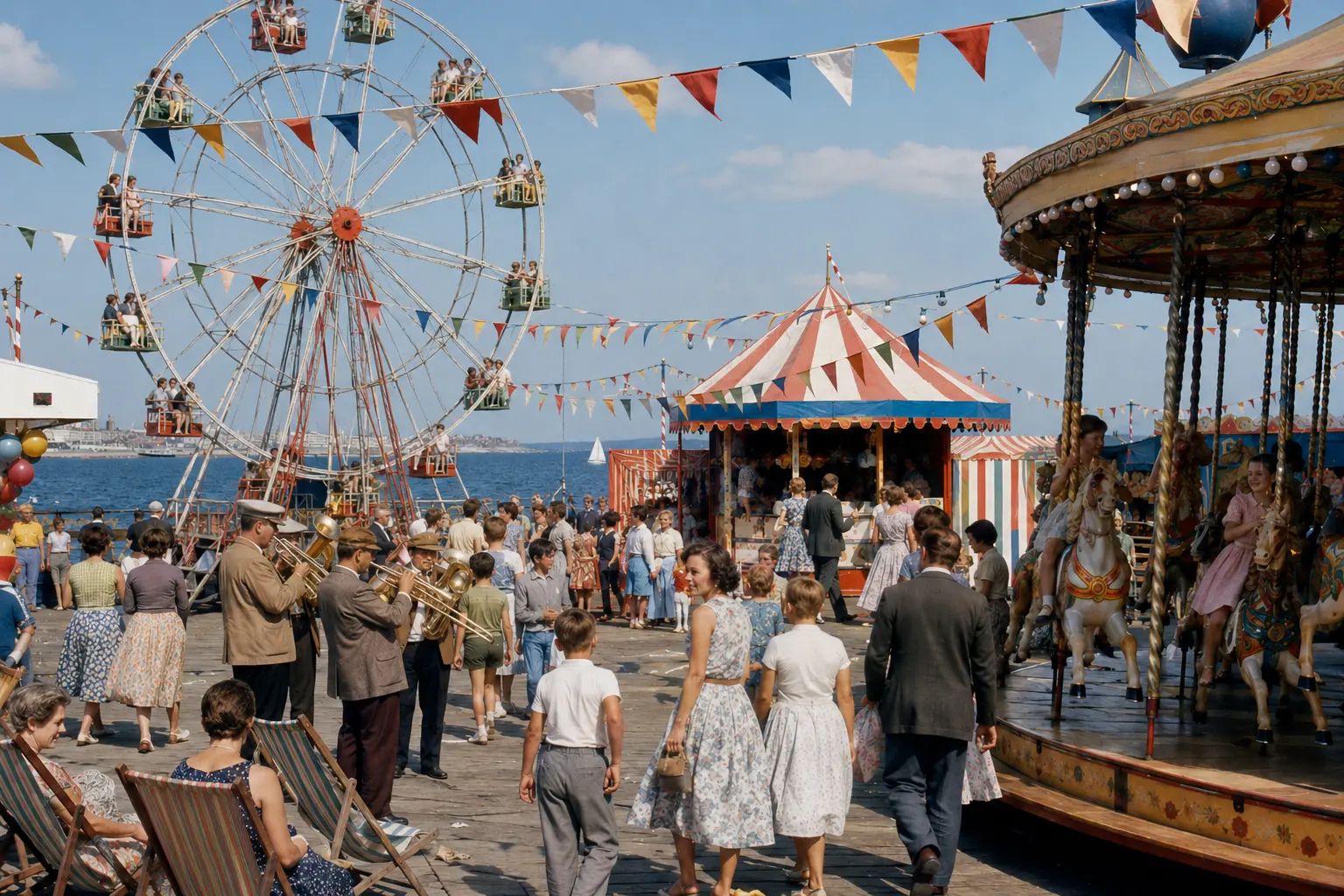 Bustling coastal funfair in 1958 featuring a Ferris wheel, carousel, striped tents, bunting, a brass band and visitors on a pier above the sea.