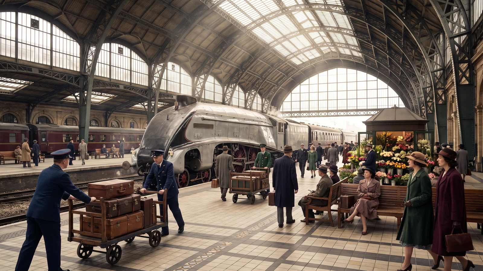 A historic 1930s-style train station featuring a streamlined silver steam locomotive beneath a large glass canopy. On the platform are porters with luggage carts, elegantly dressed travelers, and a colorful flower kiosk.