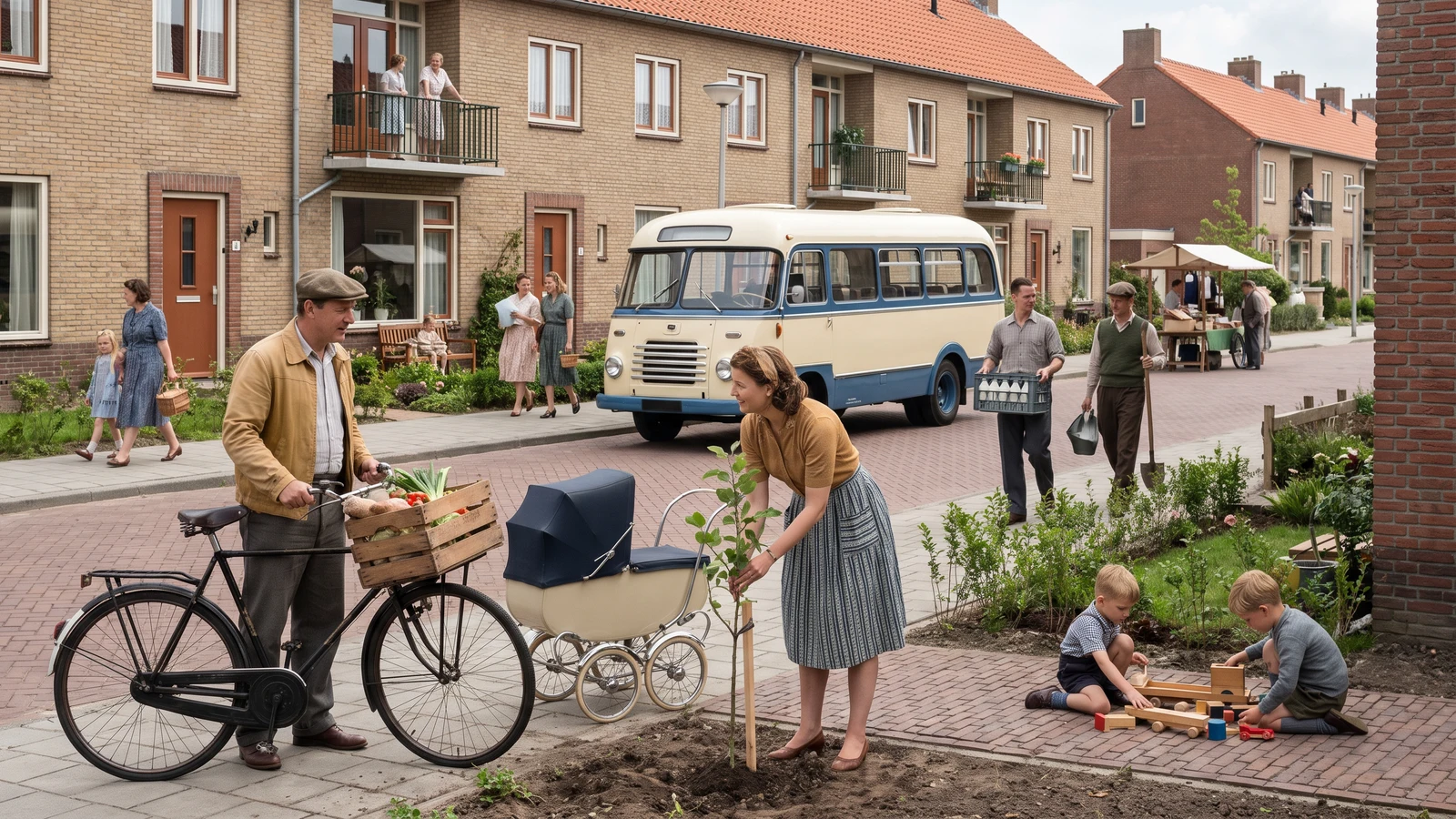 A detailed Dutch street scene from the 1950s featuring brick terraced houses, a classic cream-colored bus, a man with a loaded bicycle, a woman beside a pram, and children playing on the sidewalk.