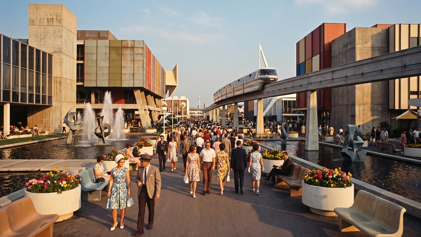 A lively retro-futuristic 1960s expo site featuring strolling visitors in period clothing, an elevated monorail on a concrete track, fountains, and modernist architecture with colorful panels.