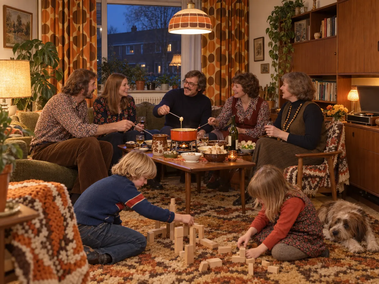 A Dutch family and friends enjoy fondue in a warm 1970s living room with teak furniture, patterned fabrics, houseplants and children playing.