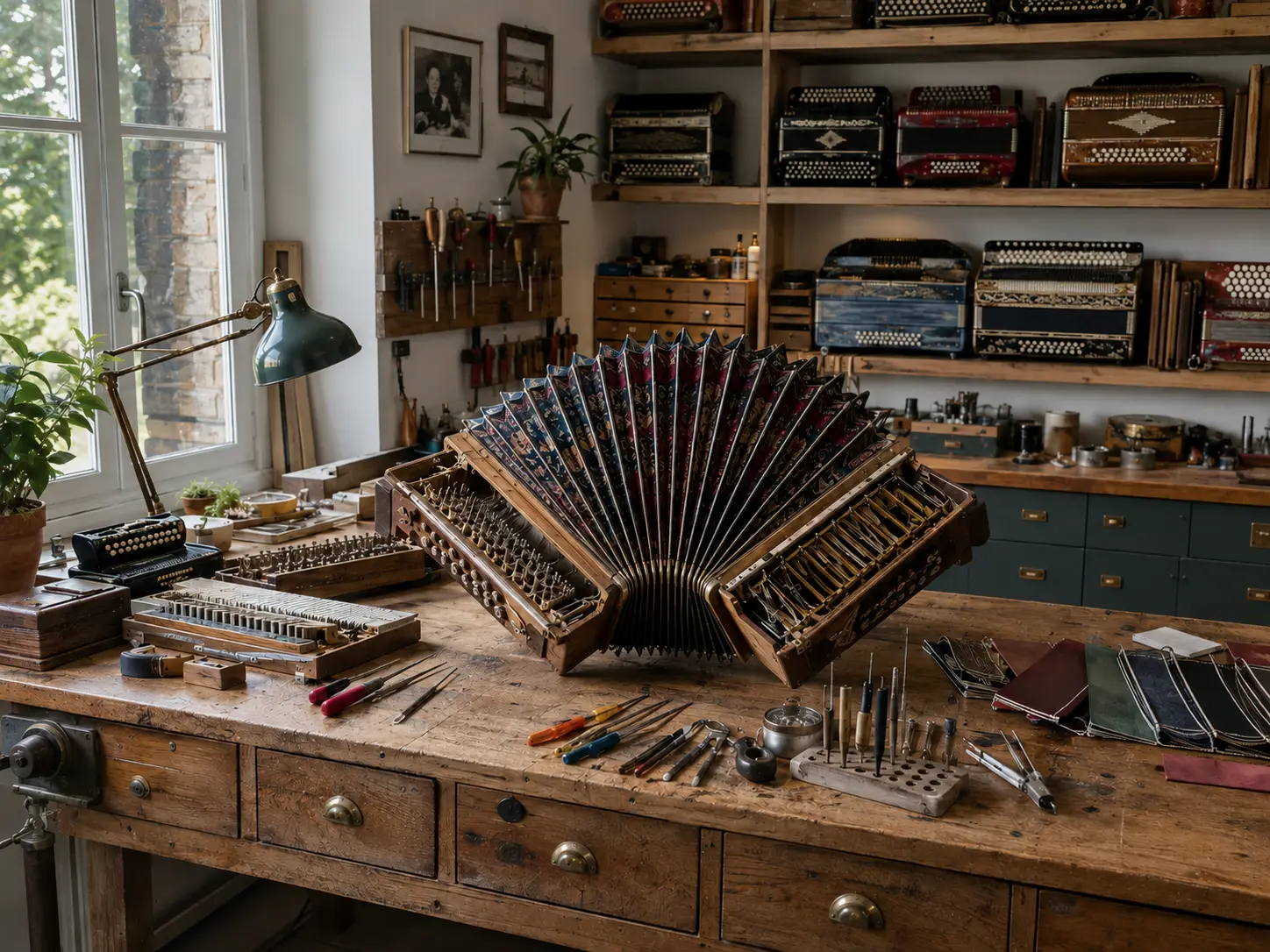 Accordion repair workbench with open bellows, tools and accordions on wooden shelves