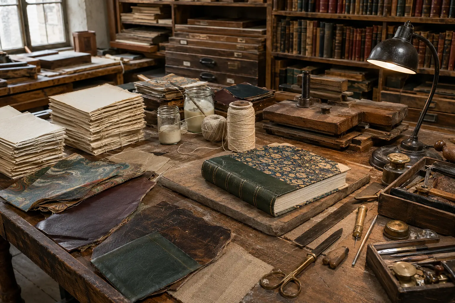 Old bookbinding workshop with a half-bound book, paper signatures, linen thread, marbled paper, presses and brass tools
