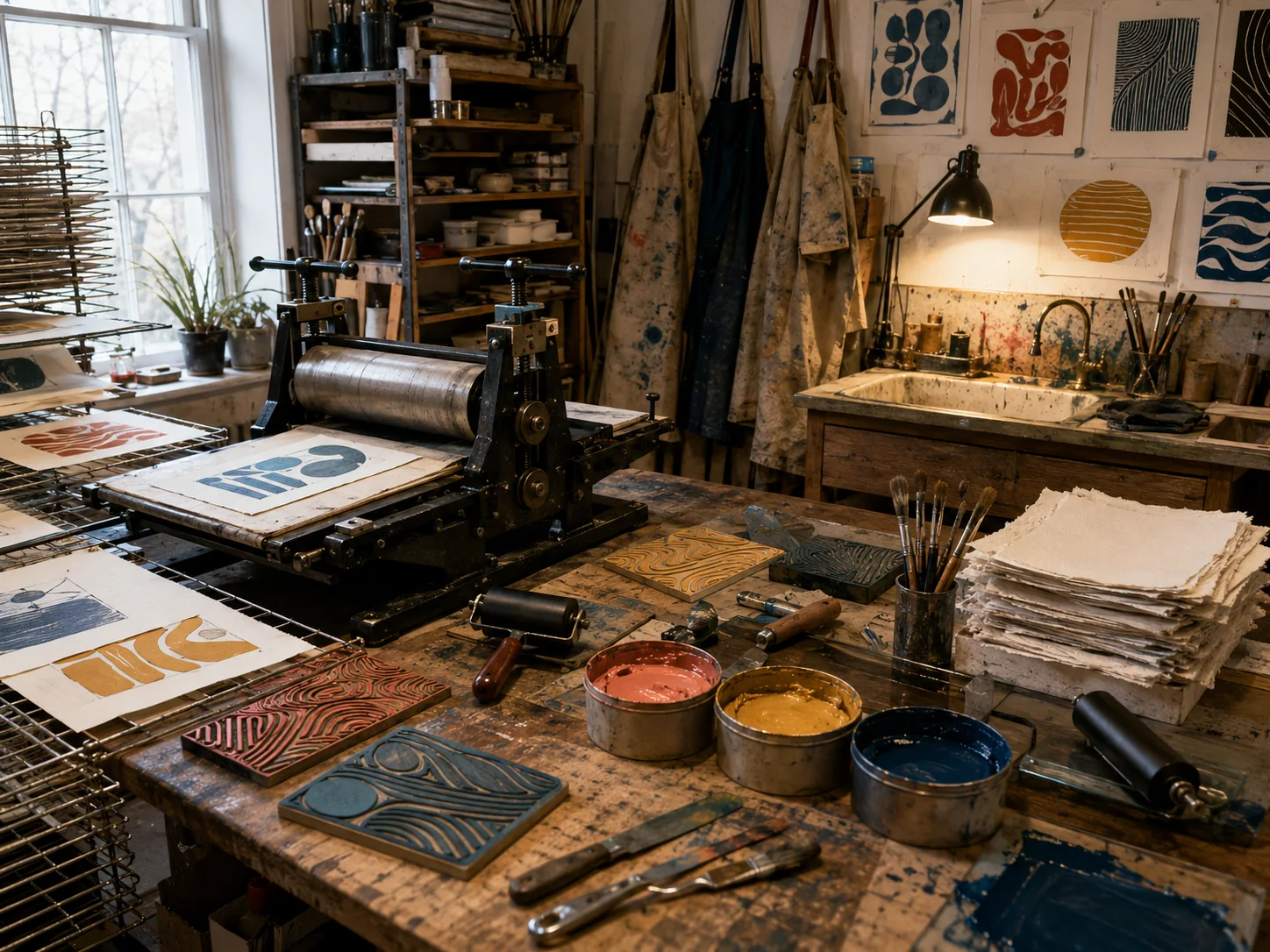 Printmaking studio with etching press, ink rollers, abstract blocks and drying racks