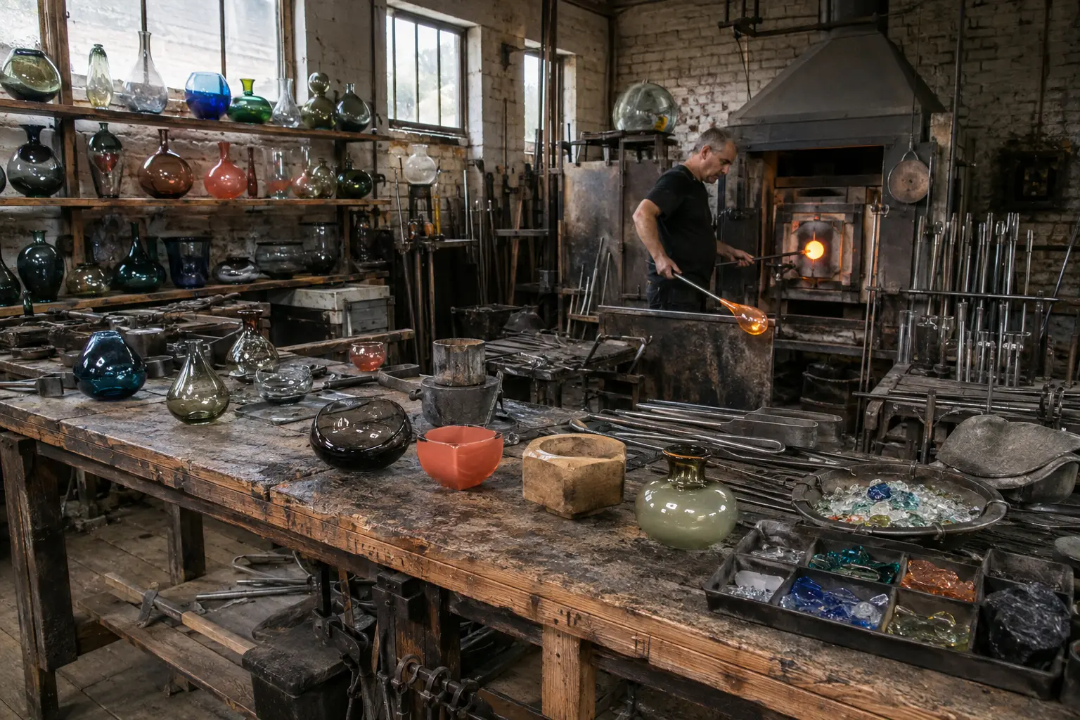 Lived-in glassblowing workshop with a craftsperson by the furnace, colourful vessels, tools and glass scraps on a wooden workbench