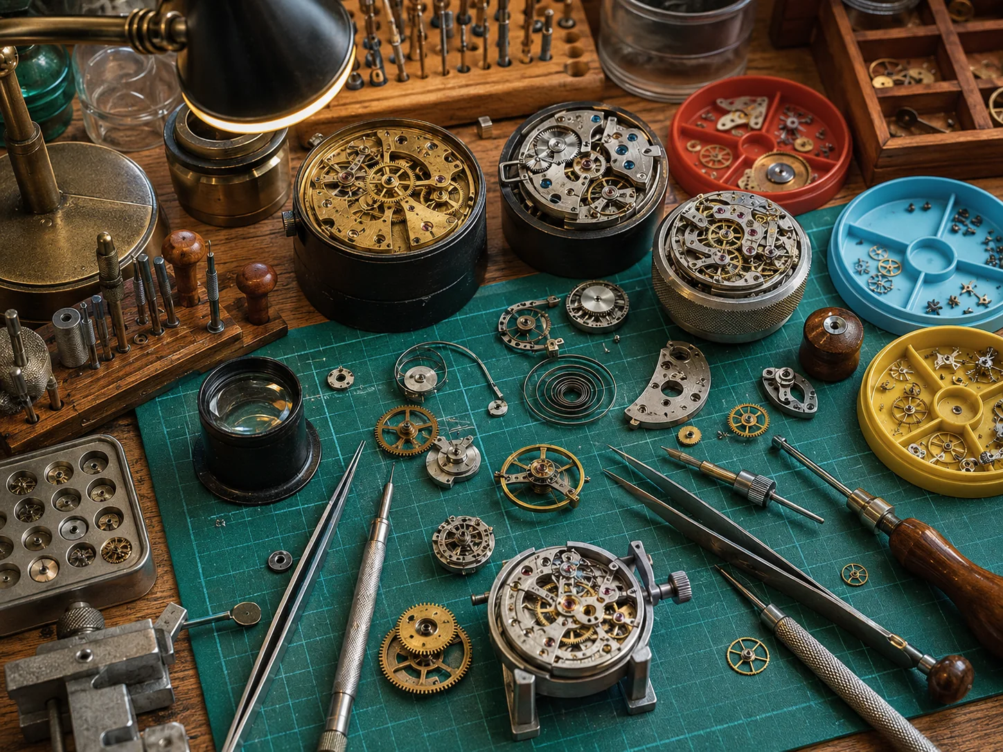 Watchmaker’s bench with gears, movements and precision tools