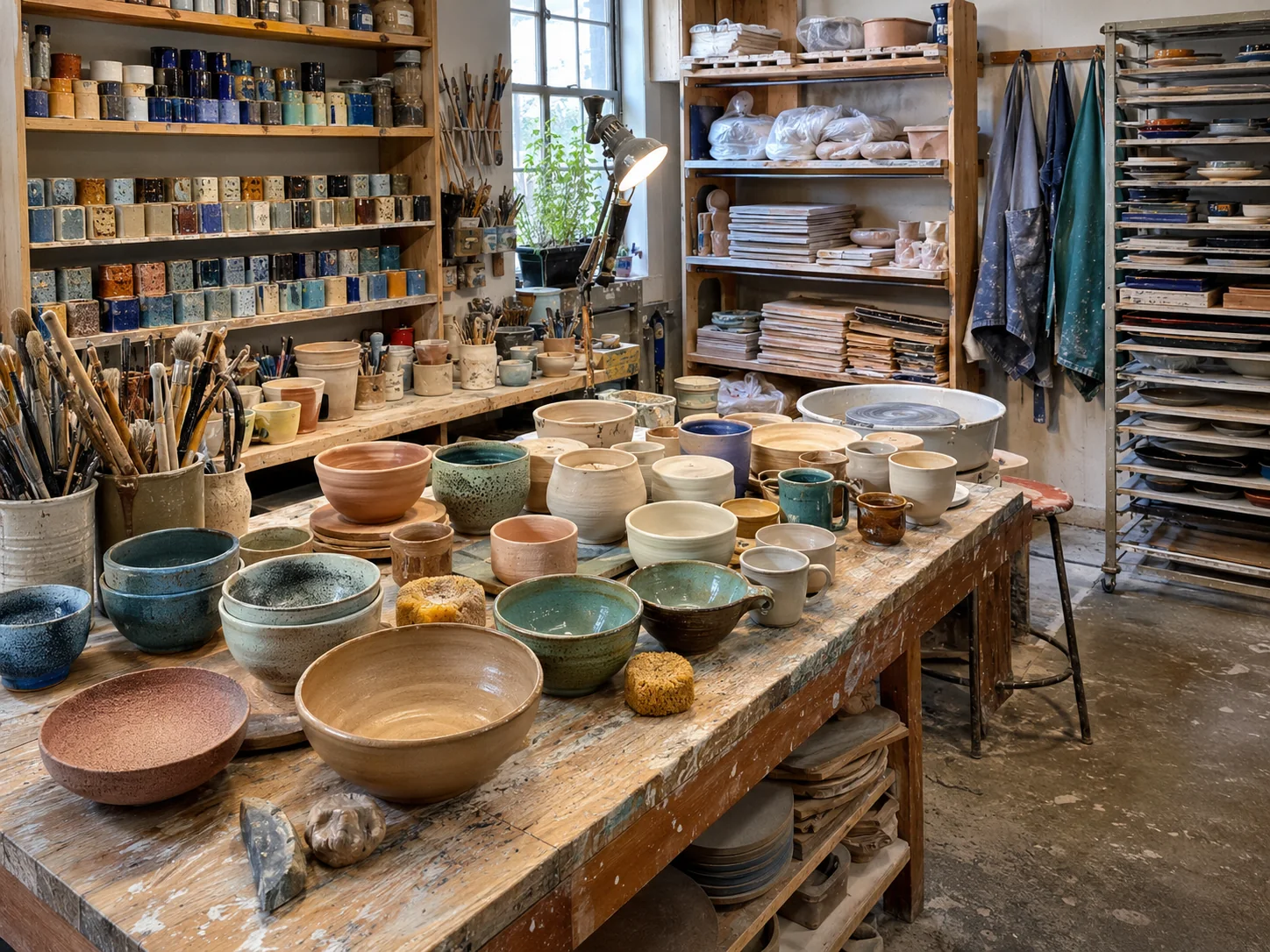 Modern ceramics studio with bowls, glaze samples, tools and a pottery wheel