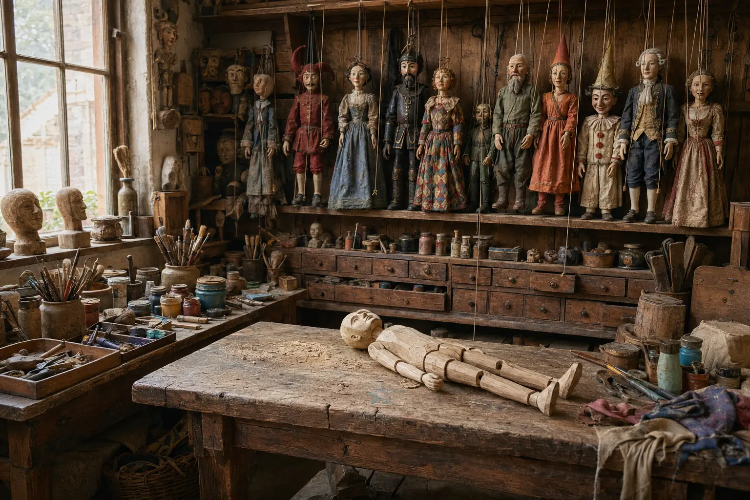Lived-in marionette workshop with a half-finished wooden puppet on the bench, hanging puppets, paint pots and tools