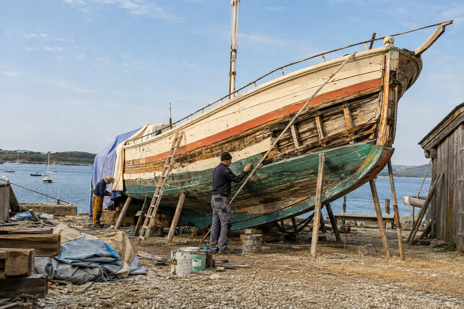 Open-air boatyard by the water with a large wooden fishing boat on supports, two craftspeople, ladders, ropes and peeling paint