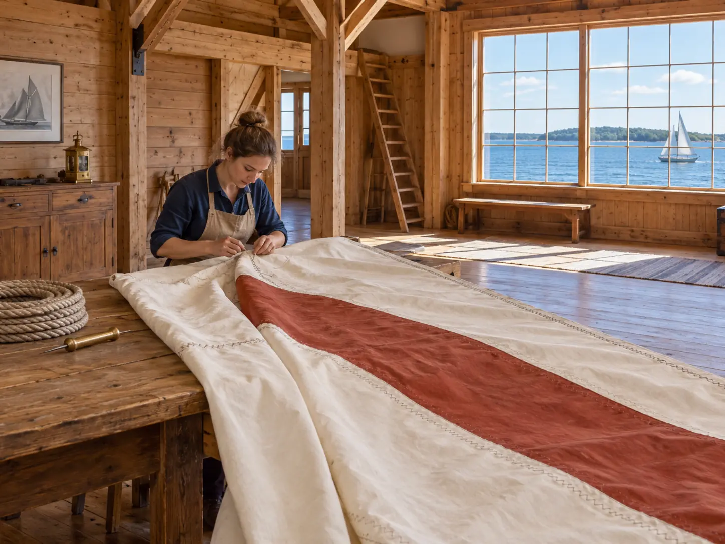 Bright wooden sailmaker's workshop by the water where a woman hand-stitches a large cream sail with a burgundy panel, with rope, tools and a sailing boat outside the window.