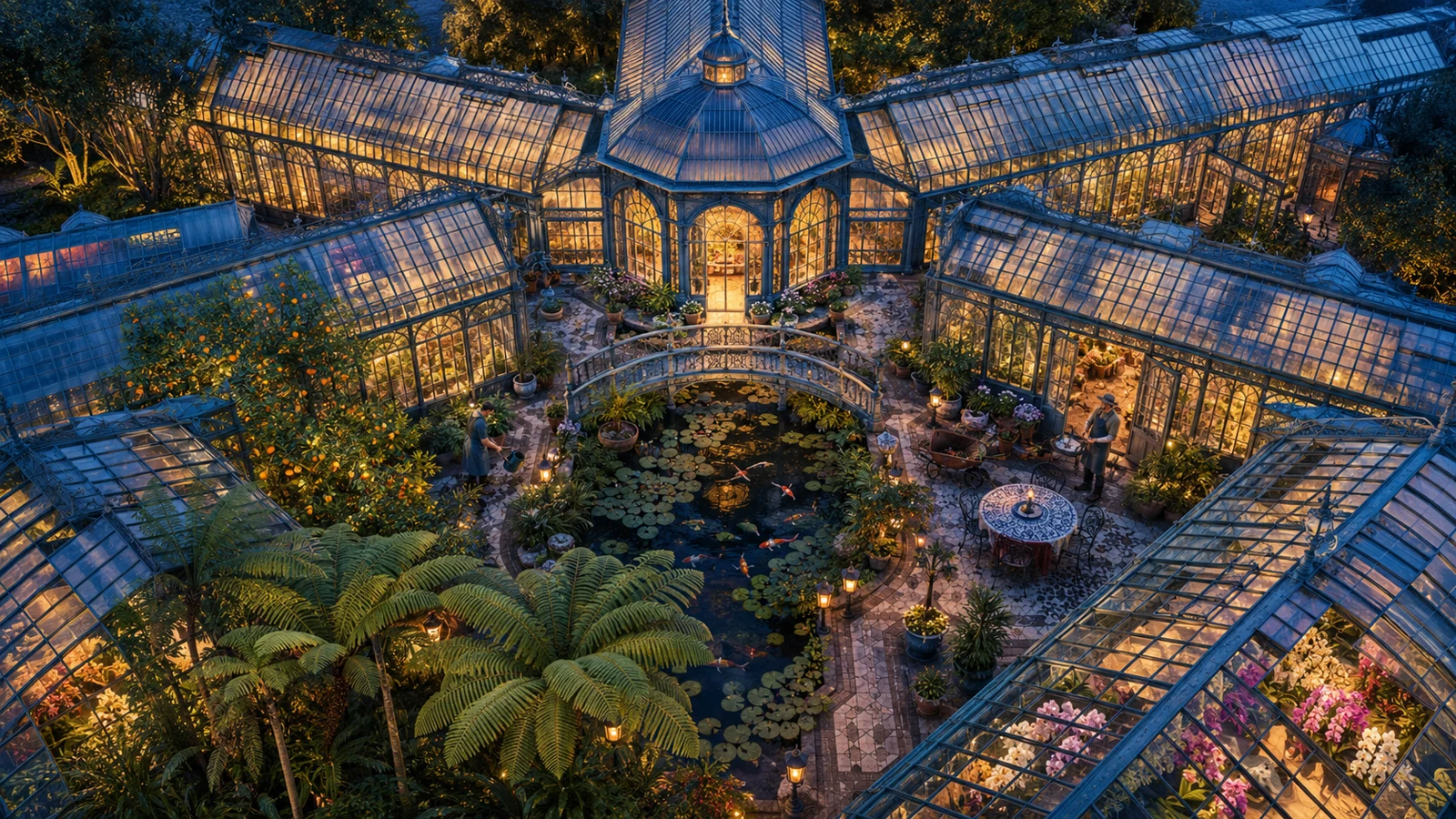 Bird's-eye view of an illuminated glass greenhouse complex with a pond full of water lilies and koi carp, a stone bridge and lush tropical plants in evening light.