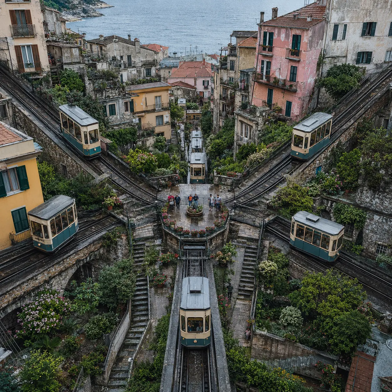 Steep coastal city with six funicular lines, cream carriages, weathered pastel houses, gardens and the sea in the background