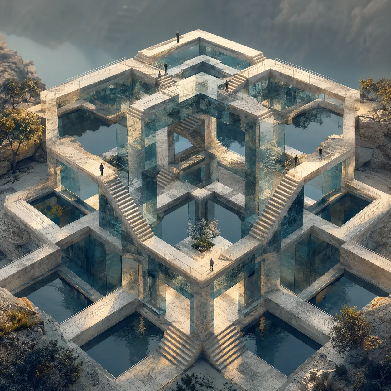 Hexagonal pavilion of pale stone, petrol glass, reflecting pools and stairways that impossibly loop into each other