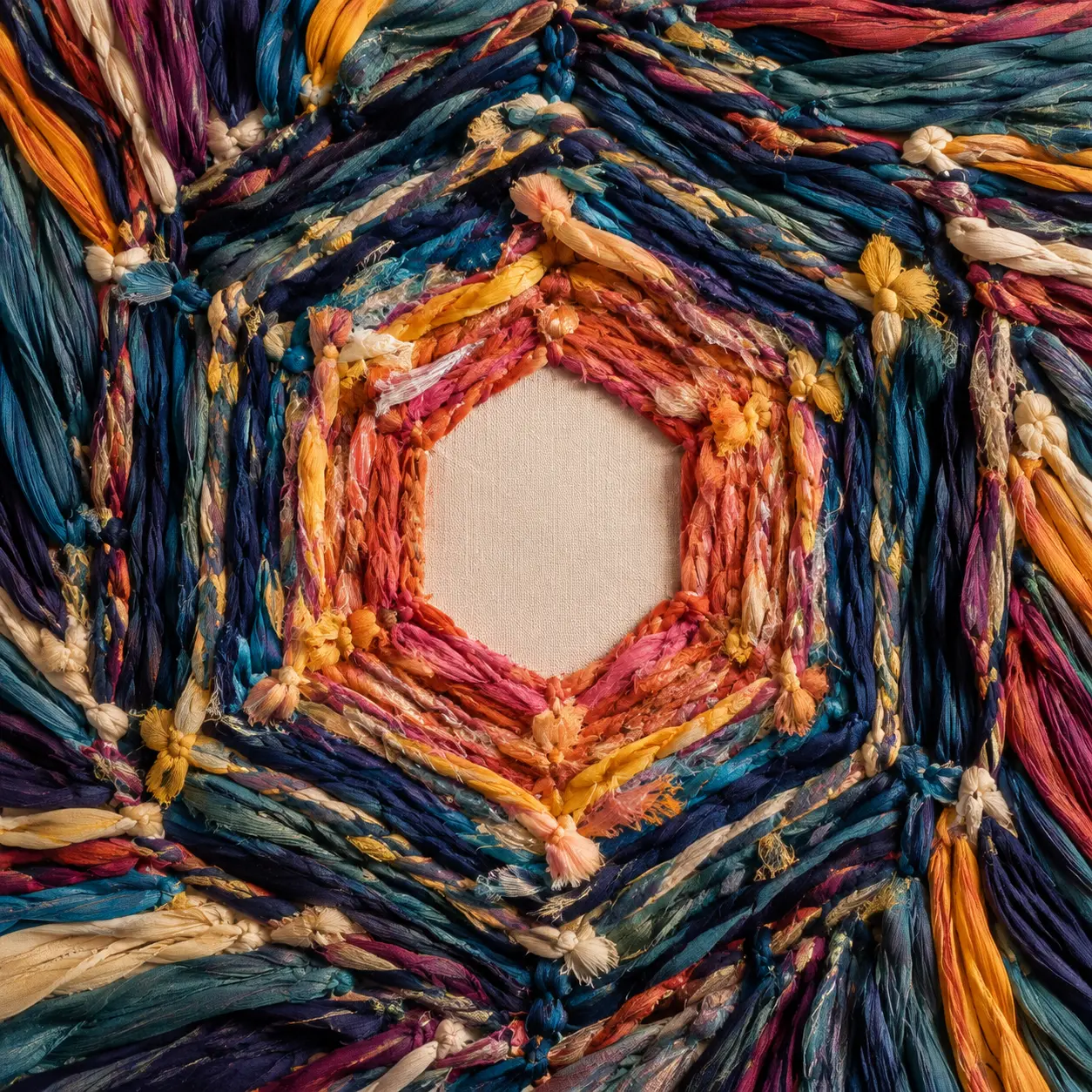 Textile artwork of knotted silk ribbons in petrol, cobalt, coral, saffron and cream around a quiet hexagonal opening