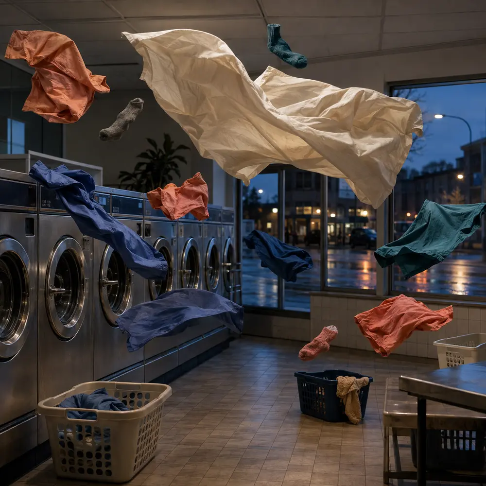 Empty laundromat after closing where colourful clothes and a cream sheet float weightlessly between the washing machines